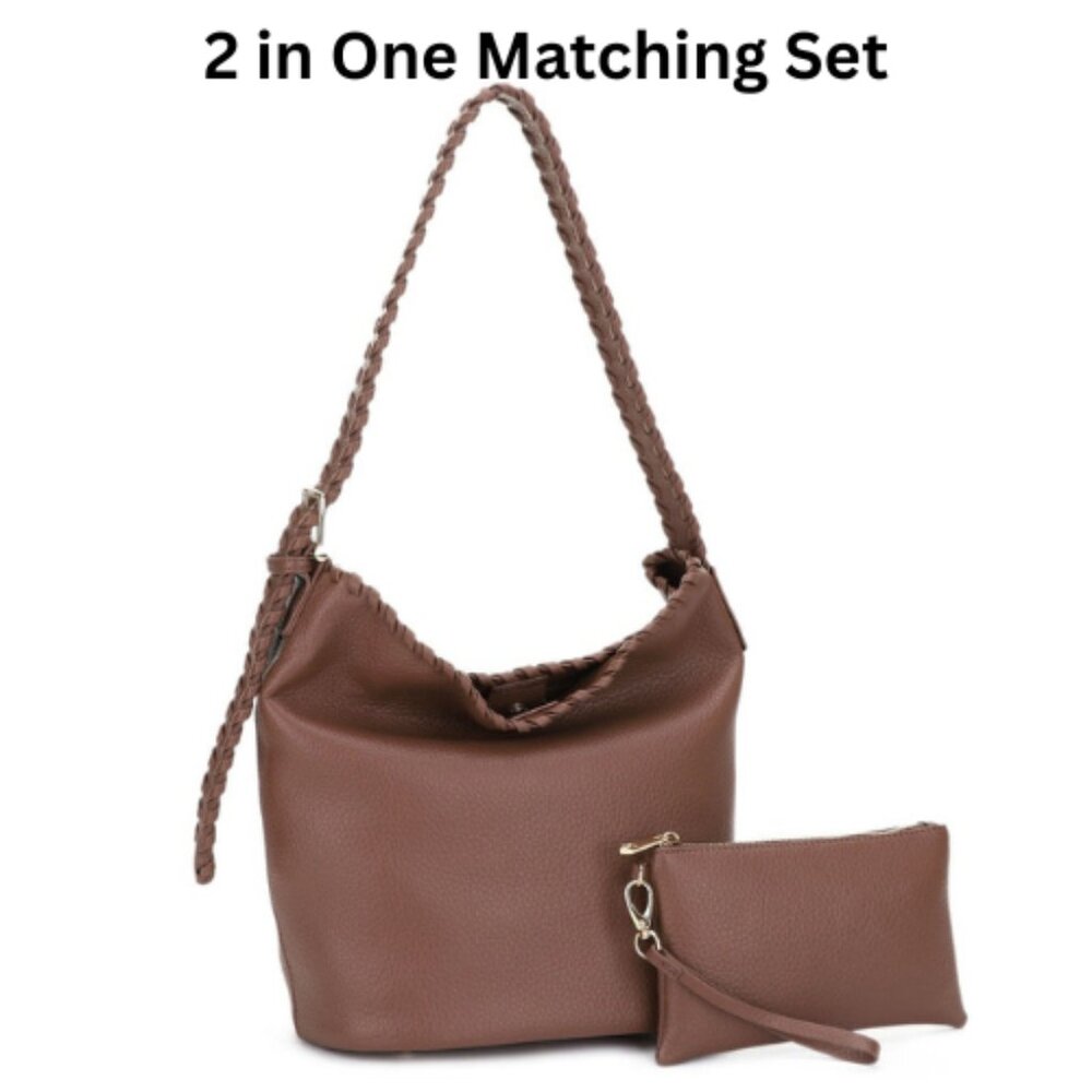 2-IN-1 Large Braided Handle Strap Hobo with Matching Pouch Set